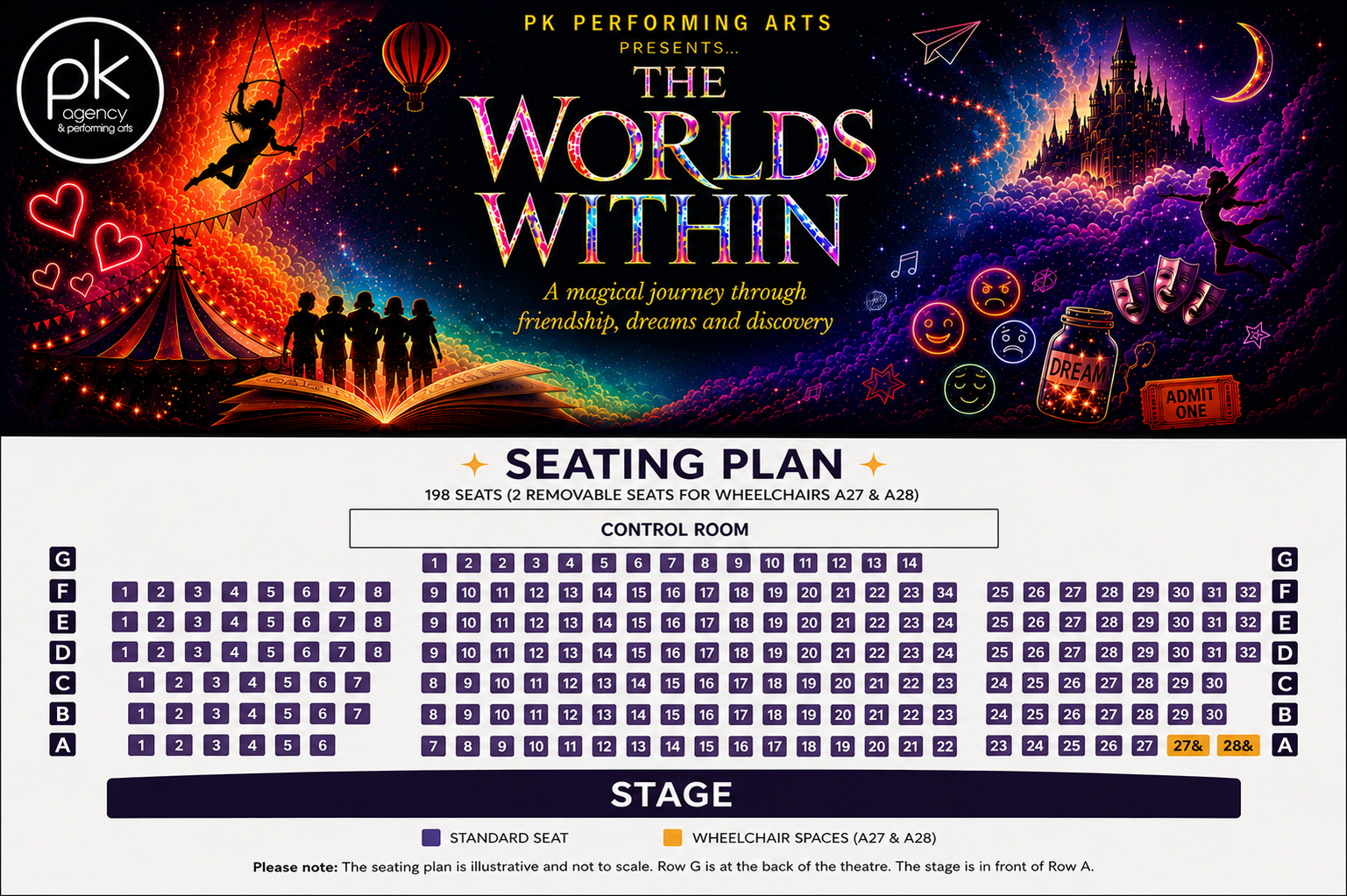 The Worlds Within seating plan and header